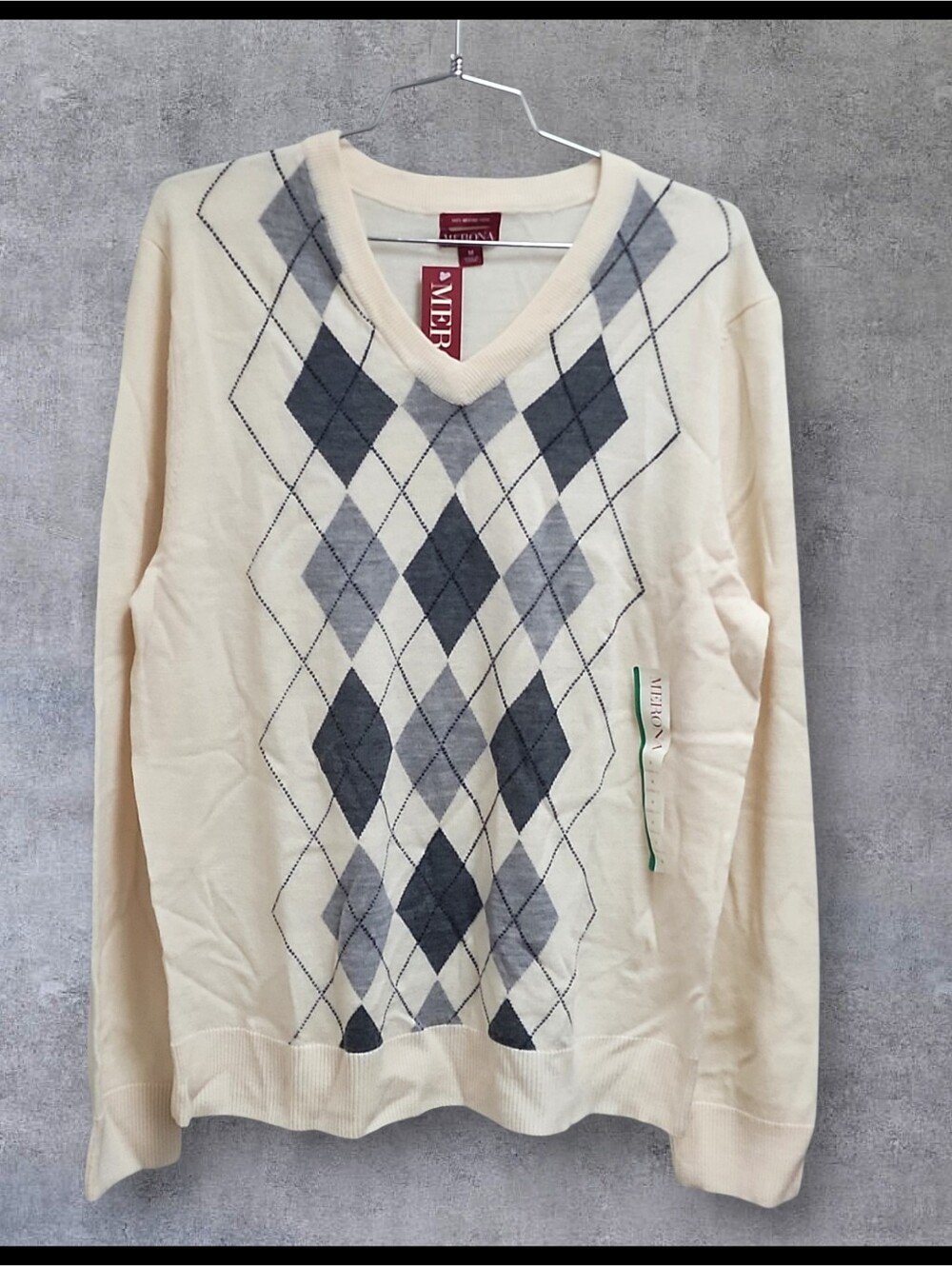 NWT Merona 100% Merino Wool Argyle Sweater Cream Silver Gray Men's Medium NEW